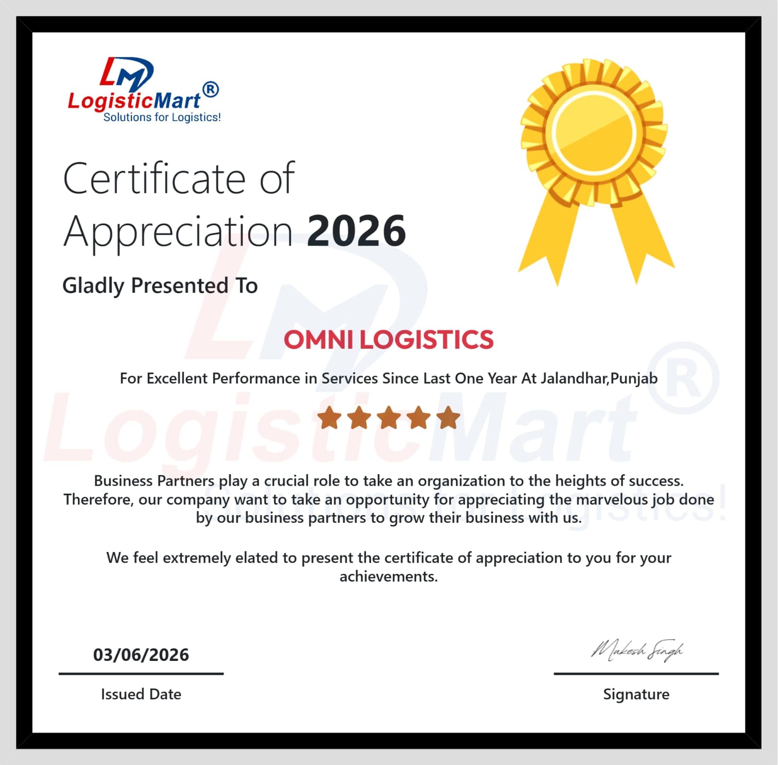Omni Logistics Certificate of Appreciation 2026
